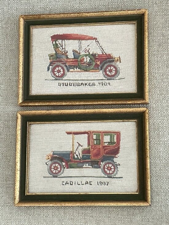Other - Pair Vintage Framed Needlepoint Antique Cars Studebaker & Cadillac 10.5x7.5